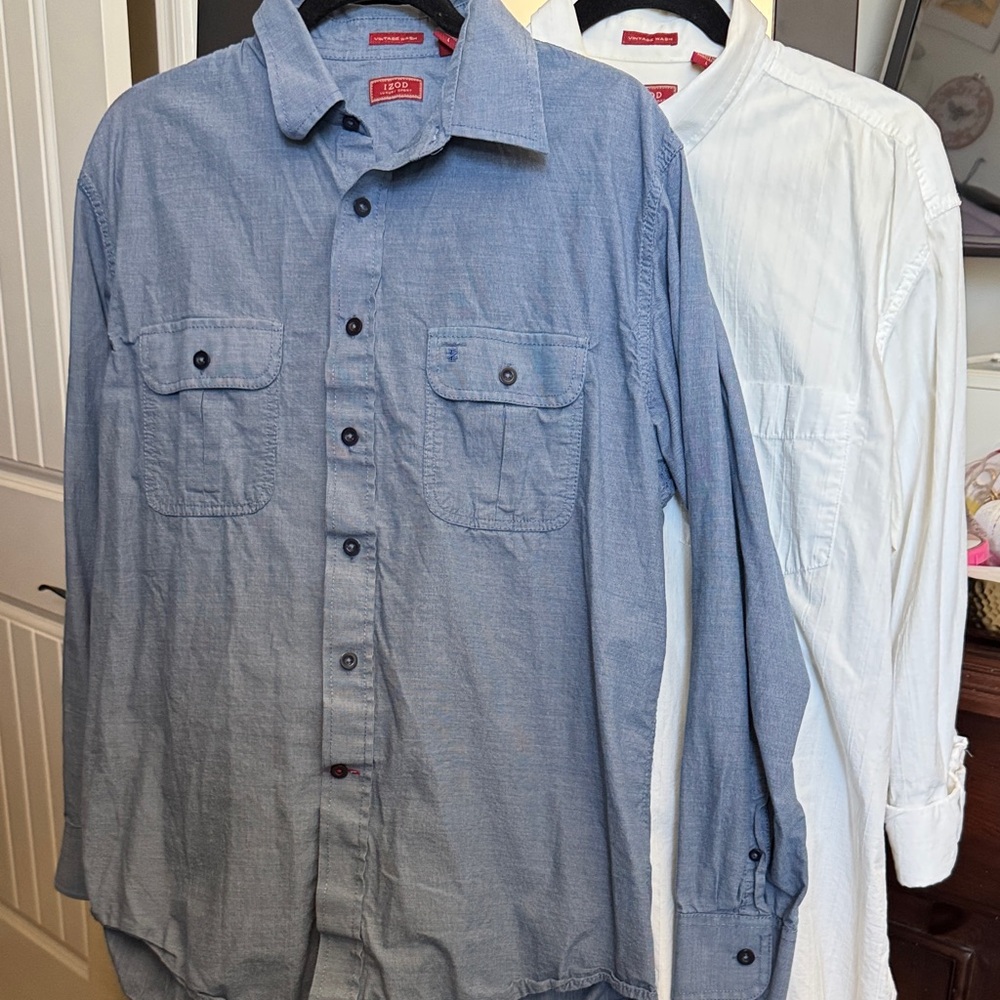 Izod Men's Blue & White casual Button-Front Long-Sleeve Shirt size L